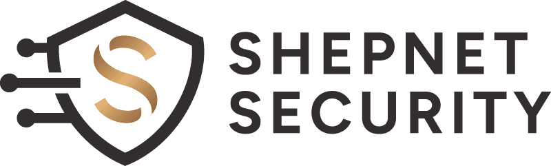 Shepnet Security logo featuring a stylized gold S inside a shield with circuit board lines.